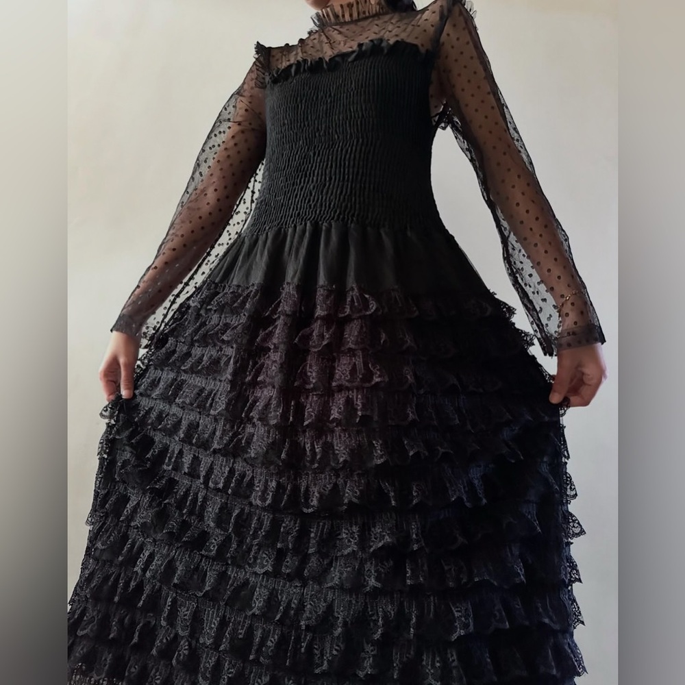 RENE DERHY Paris Goth Polka Dot Black Lace Layered Tulle Maxi Dress Sz S French - Picture 7 of 15